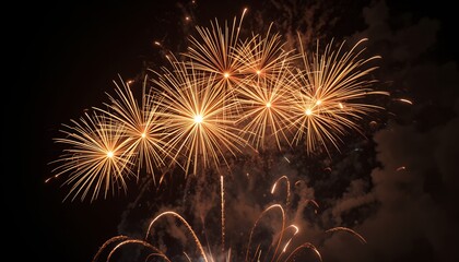 Bright golden fireworks exploding vividly against a dark night sky in celebration