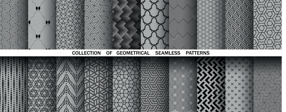 Poster Geometric set of seamless black and white patterns. Simple vector graphics.