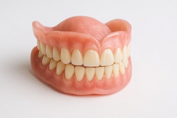 Fototapeta premium Dentadura postiza completa sobre fondo blanco, vista frontal, prótesis dental realista