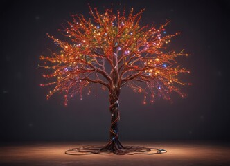 Electric cable tree, festive lighting display, bold colors , installation, tree