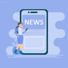 News page concept with characters. Using mobile phones, tablets and computers to read news. Illustrations in flat style for banners, websites, applications.