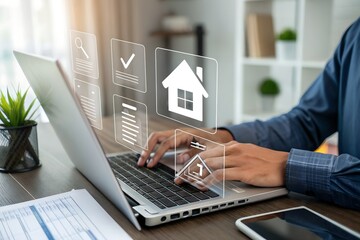 Real estate checklist concept, A professional organizing real estate tasks on a laptop using a digital checklist, streamlining property management and housing investments with innovative tools. 