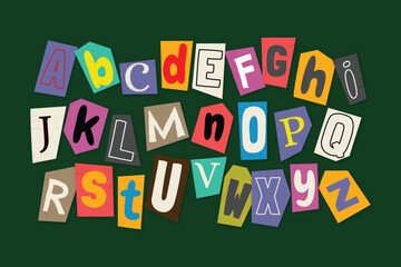 Ransom cut out color letters. Numbers, punctuation marks. Ransom note collage vector alphabet trendy paper style blackmail ransom kidnapper criminal anonymous or detective scrap font. Compose your own