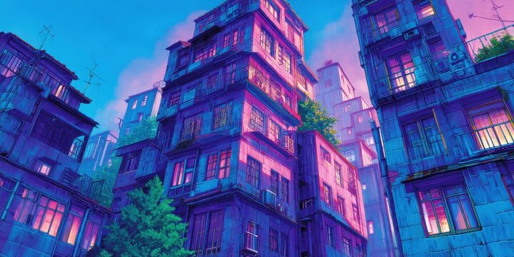 Lilafarbener Stadthimmel: Architektur-Illustration im digitalen Stil