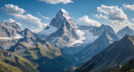 Obraz premium Snow-capped mountain peak with surrounding mountains and green valleys, under a partly cloudy sky. Nature and landscape. Majestic mountain scenery.