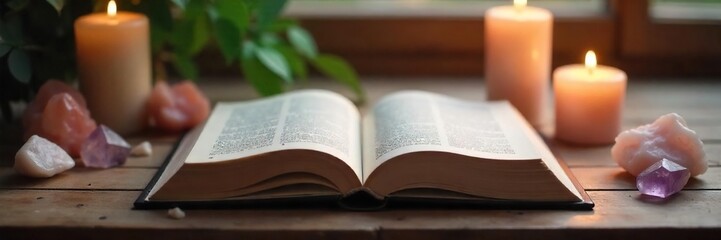 A serene open book rests on a wooden table amongst candles and crystals, bathed in soft light Perfect for themes of mindfulness, self-discovery, and spiritual growth , nature, knowledge