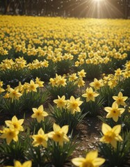 Fototapeta premium Glistening daffodil petals, sun-kissed, densely packed field , sunny, daffodils