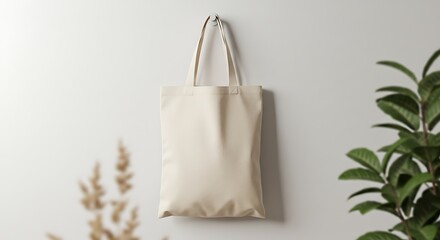 Canvas Tote Bag Mockup Hanging on Wall – Eco-Friendly Minimalist Display

