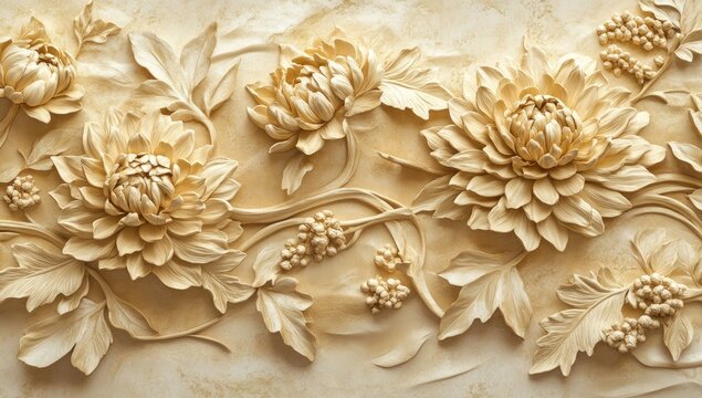 Ornate beige floral bas-relief panel