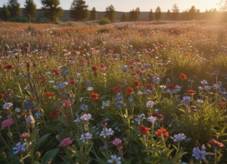 Sun-drenched field of wildflowers, fading sunlight, autumn, wildflower field