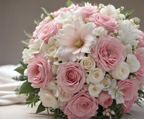 Close-up view of a stunning pink and white wedding bouquet, love, wedding details