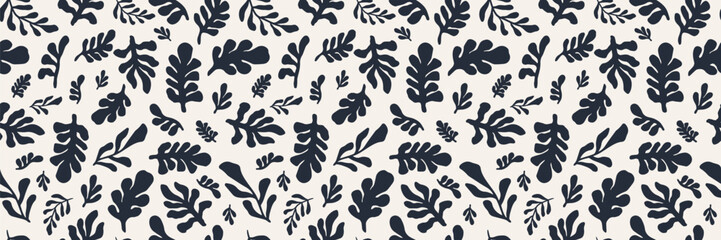 Seamless botanical pattern with abstract black leaves and foliage silhouettes on a white background. Modern nature inspired design for textiles, wallpaper, packaging, and creative projects. Vector art