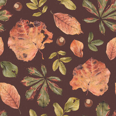 Elegant hand drawn pattern design with illustrations of fallen leaves. Perfect for home textile, wallpapers, fabrics, apparel, packaging design, stationery and other printed goods