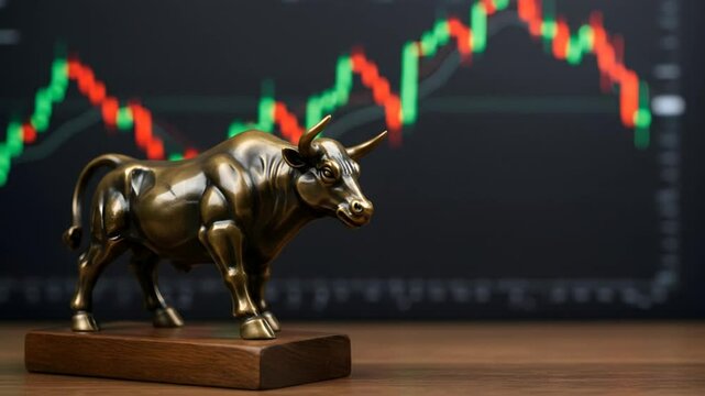 Bronze bull statue against financial chart