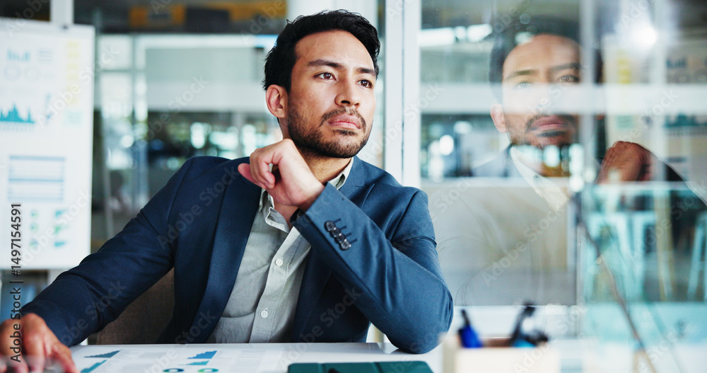 Aufkleber man, thinking and finance at office with decision for budget, solution and review by glass. person, 