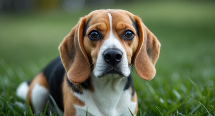 A cute puppy lying on the grass outdoors with a blurred background.