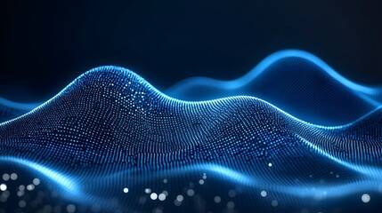 Digital graphic design showcasing a series of undulating waves formed by a multitude of glowing blue dots.