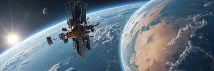 High-tech satellite orbiting Earth, internet antenna visible ,  space,  internet,  telecommunication