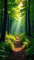 Obraz premium A breathtakingly beautiful trail winds through a vibrant forest, sunlight dappling the leaves and illuminating the path ahead Perfect for hiking, nature, and travel imagery , hiking trail, getaway
