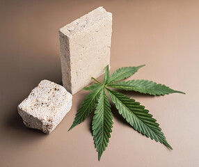 Hempcrete material - composition of hemp leaf and concrete block