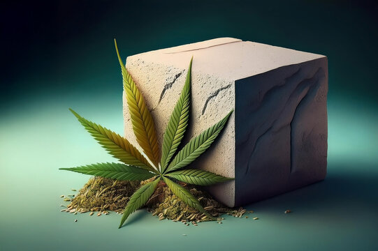 Hempcrete material - composition of hemp leaf and concrete block