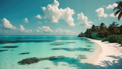 Tropical beach with clear turquoise water, white sand, and palm trees under a partly cloudy sky.