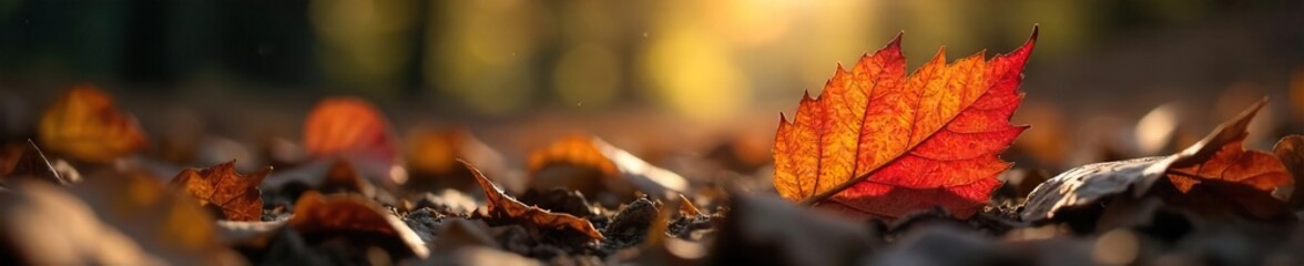 A lone autumn leaf, vibrant orange and red, rests on the forest floor, displaying intricate veining and delicate texture  Sunlight filters through the canopy, casting a warm glow ,  colorful,  plant