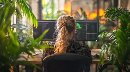 Woman coding with green office.