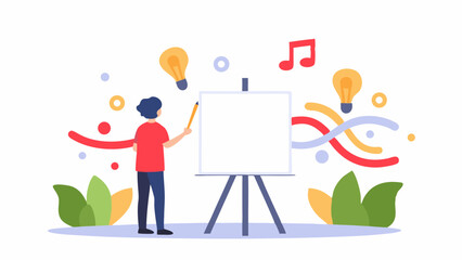 Illustration of a person standing in front of a blank canvas with art elements around them artistically 100