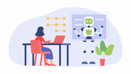 Woman at desk working on laptop with robot design displayed on screen in a modern office setting