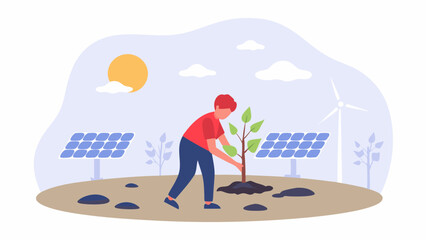 Illustration of a person planting a tree with solar panels and a wind turbine in the background scene