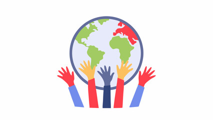 Illustration of hands reaching towards a globe with continents depicted in green and red colors style