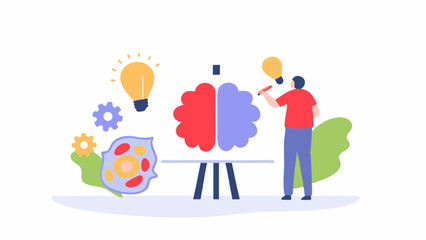 Illustration of a person painting a brain on an easel with lightbulbs and gears around them nicely done