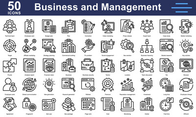 Business and management 50 icons outline style featuring strategy, marketing, SEO, teamwork, investment, analytics and planning. Ideal for corporate use.