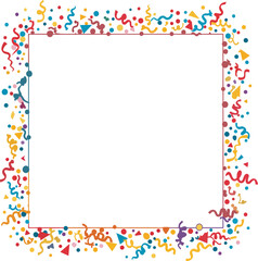 Colorful Confetti Border Frame with Streamers and Geometric Shapes – Flat Vector Background for Celebration and Party Design