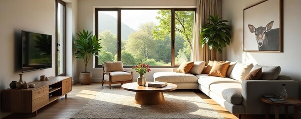 Cozy and inviting living room interior with comfortable furniture, natural light streaming through large windows, and stylish decor Perfect for relaxation and entertainment , stylish, apartment