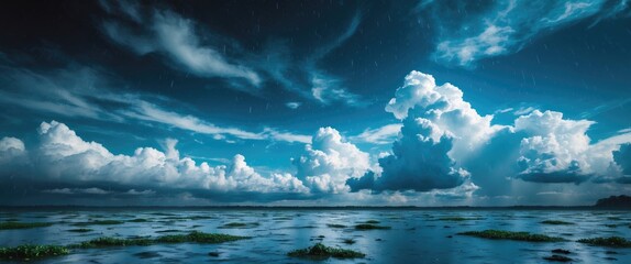 A vast sky with clouds over a body of water, capturing a scenic landscape with dynamic cloud formations and tranquil waters.