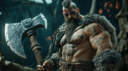 Berserker Warrior Wielding Battle Axe &ndash; Fierce, Rage-Fueled Fighter in Battle-Scarred Armor in a Chaotic, Dark Environment