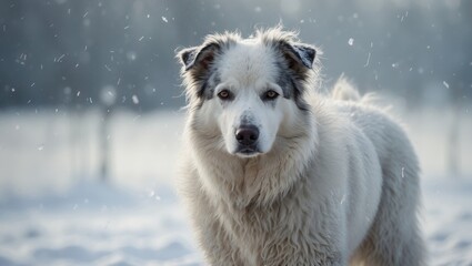 Naklejka premium A dog in a snowy landscape with snowflakes falling, outdoor scene, furry pet, winter environment.