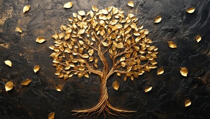 Gold tree, intricate design, dark background