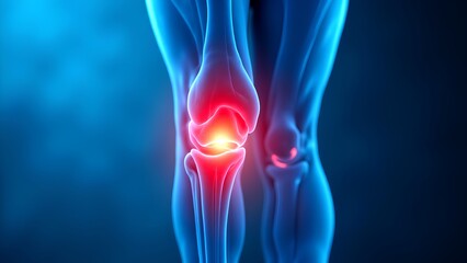 Human Knee Joint with Highlighted Pain Area in Blue Medical Background