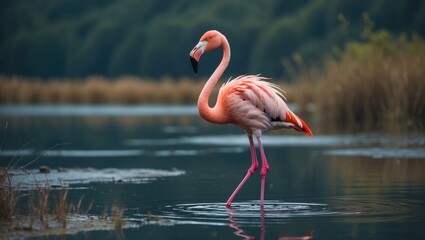 Obraz premium Flamingo standing in water with reeds and trees in the background