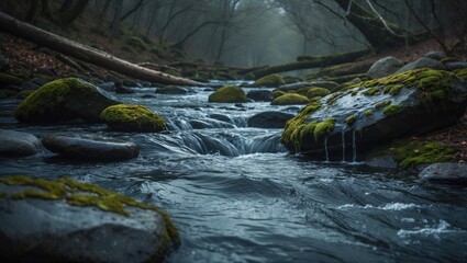 Fototapeta premium Moss-covered rocks in a flowing stream within a foggy forest setting. Nature and wilderness scene. Tranquil water and forest environment. The picture of a peaceful woodland river.