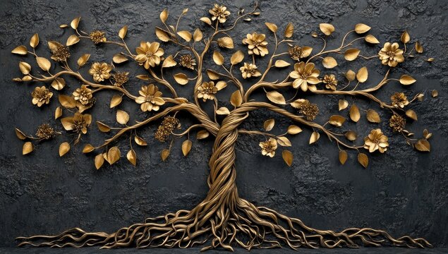 Ornate gold tree of life on dark stone