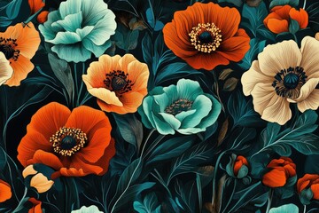 Vibrant floral pattern with a mix of  red, orange, teal, and cream anemone flowers, dark background, detailed leaves and stems
