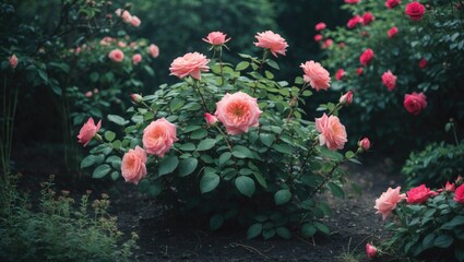 A lush garden bed with blooming pink roses surrounded by greenery and other flowering plants.
