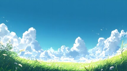 Picturesque landscape of a grassy meadow stretching out beneath a vast, azure sky dotted with fluffy white cumulus clouds.