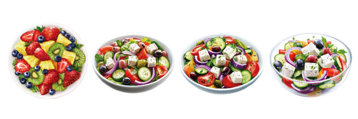 Assorted fresh fruit and vegetable salads presented in bowls on a white background showcasing vibrant colors and textures