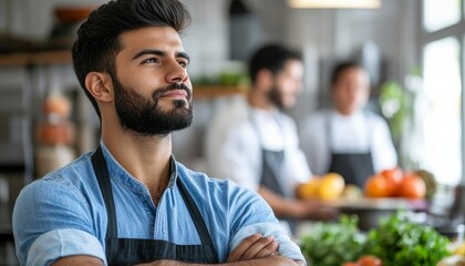 Fototapeta premium Confident Man With Arms Crossed, Learning And Observing Cooking Class, Kitchen Setting