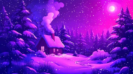 Snowy cabin with winter night, and forest.
